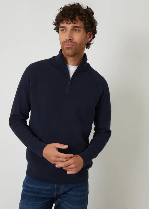 Threadbare Navy Textured Knit Quarter Zip Jumper - L Image 1