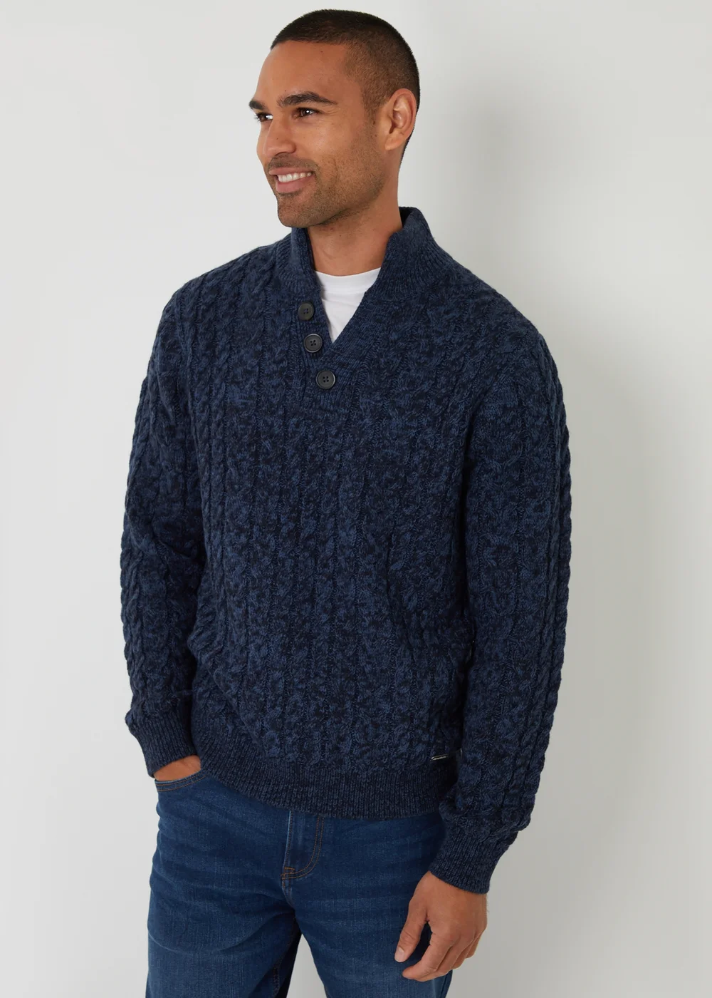Threadbare Blue Mock Tee Funnel Neck Cable Knit Jumper - Medium Image 1