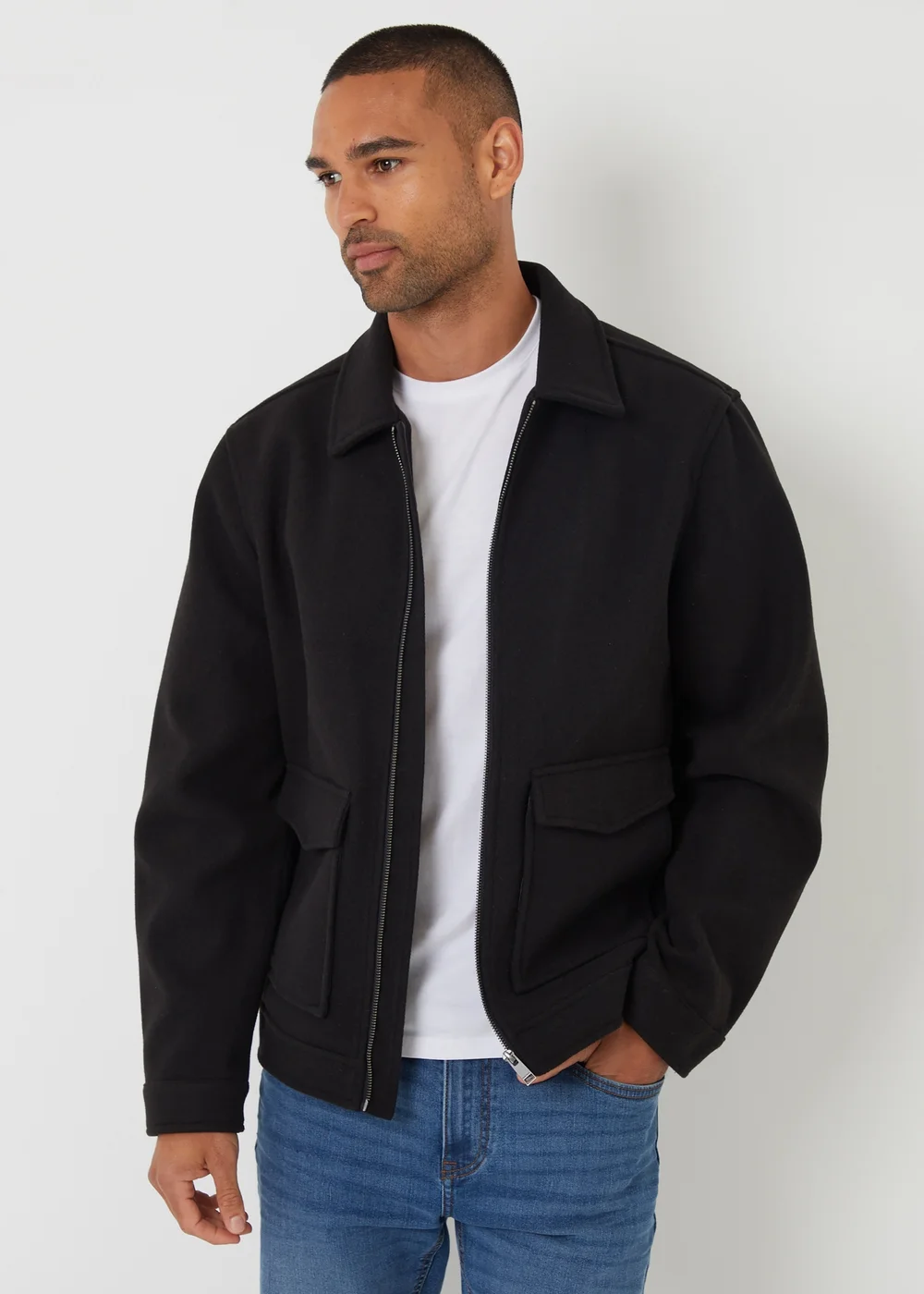 Threadbare Black Brushed Collared Lightweight Utility Jacket - S Image 1