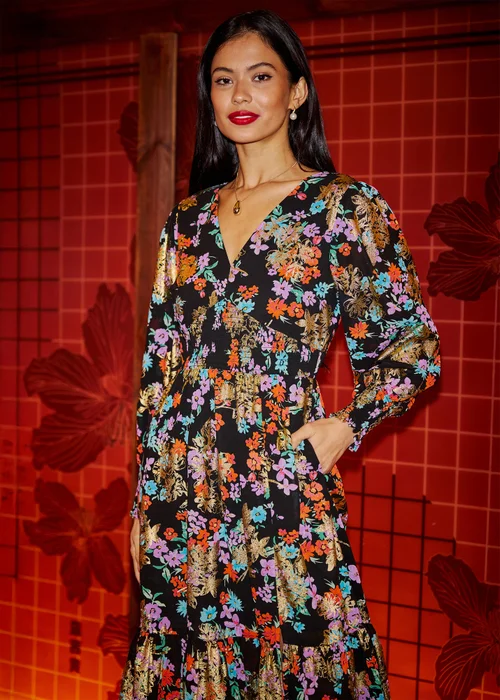 Yumi Black Floral & Foil Ruched Midi Dress With Split Hemline - 14 Image 3