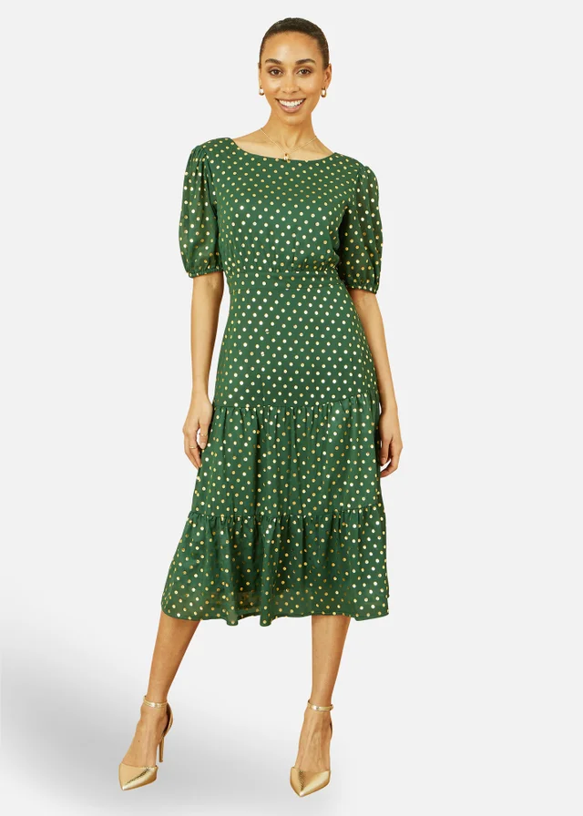 Yumi Green Gold Foil Spot Midi Dress With Scoop Back
