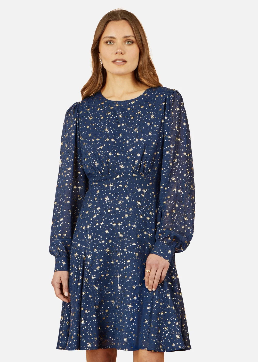 Yumi Star Print Foil Long Sleeve Dress In Navy - 10 Image 2