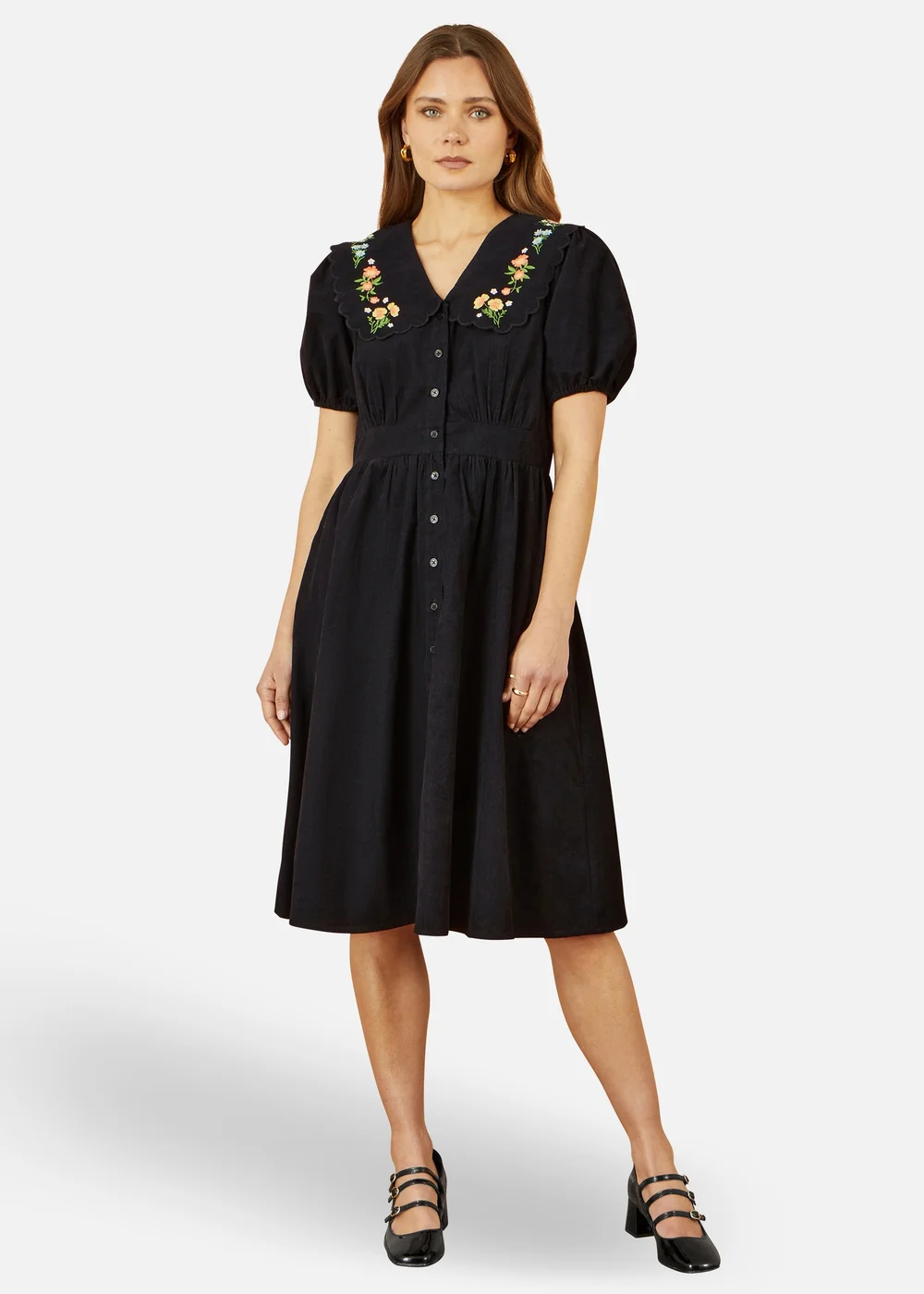 Yumi Embroidered Collar Cord Tea Dress In Black - 12 Image 1