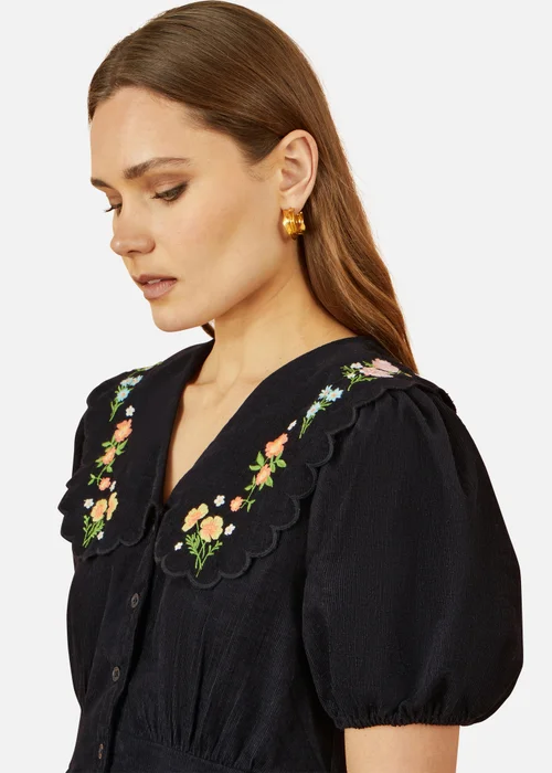 Yumi Embroidered Collar Cord Tea Dress In Black - 12 Image 3