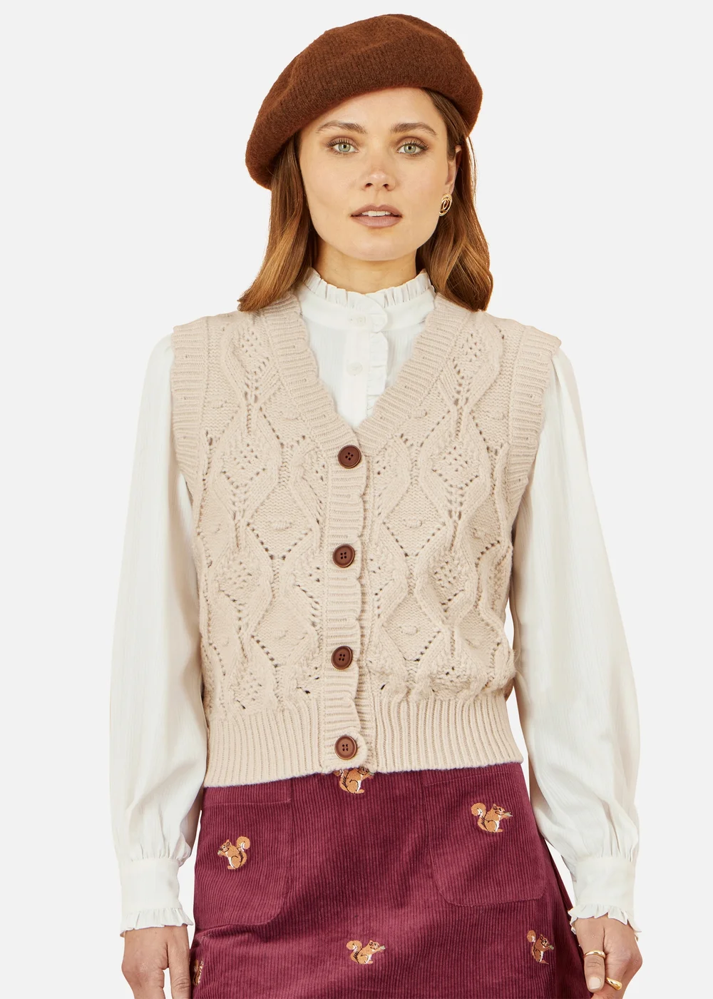 Yumi Ivory Button Up Chunky Cable Knit Waistcoat - Small Image 1