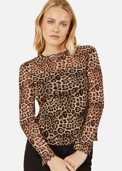 Yumi Leopard Print Mesh Stretch Fitted Top In Brown - Size 16 Clothing Image 3