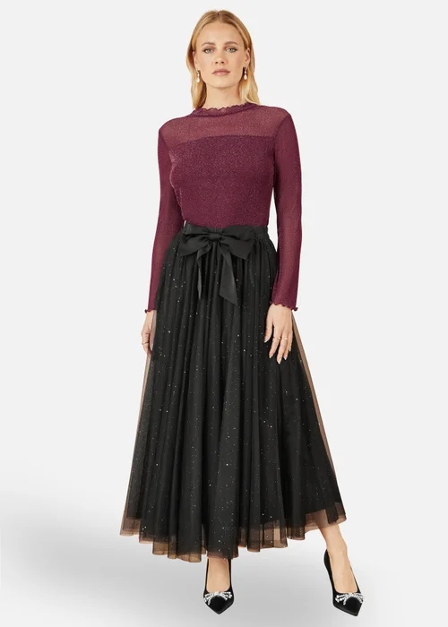 Yumi Shimmer Print Mesh Stretch Fitted Top In Burgundy - Size 8 Image 2