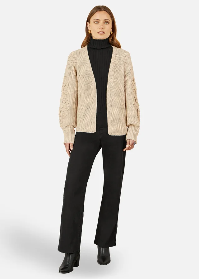 Yumi Edge to Edge Cardigan With Flower Detail Sleeves In Beige