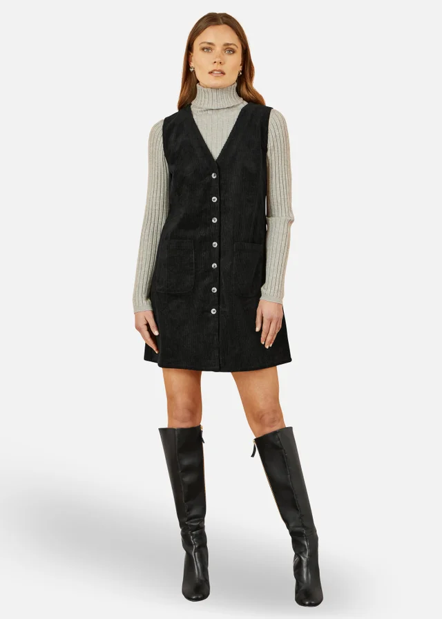 Yumi Black Cord Button Through Pinafore Dress With Pockets