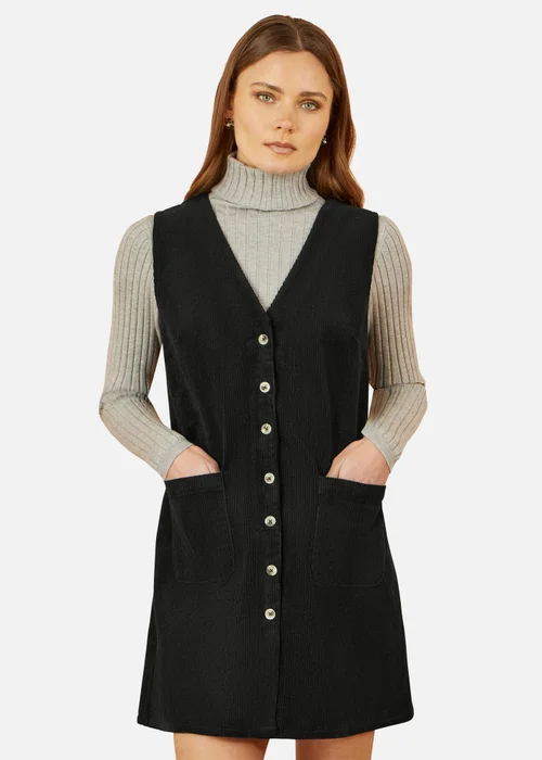 Yumi Black Cord Button Through Pinafore Dress With Pockets - 14 Image 2