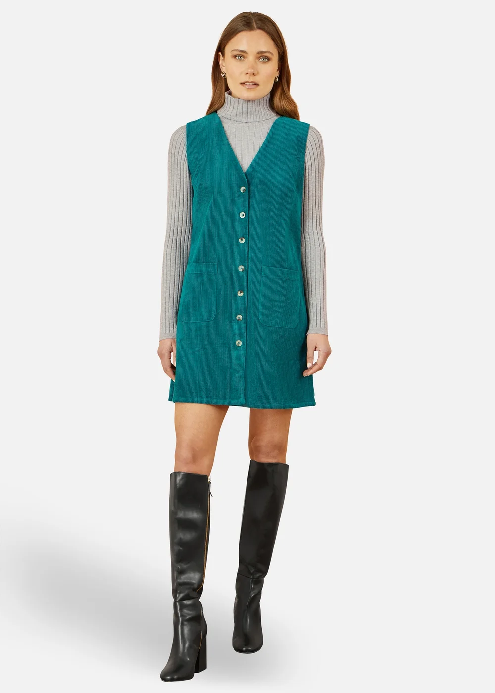 Yumi Teal Cord Button Through Pinafore Dress With Pockets - 10 Image 1