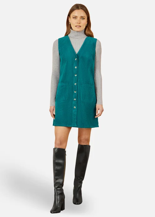 Yumi Teal Cord Button Through Pinafore Dress With Pockets - 10 Image 1