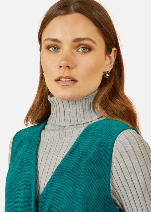 Yumi Teal Cord Button Through Pinafore Dress With Pockets - 10 Image 3