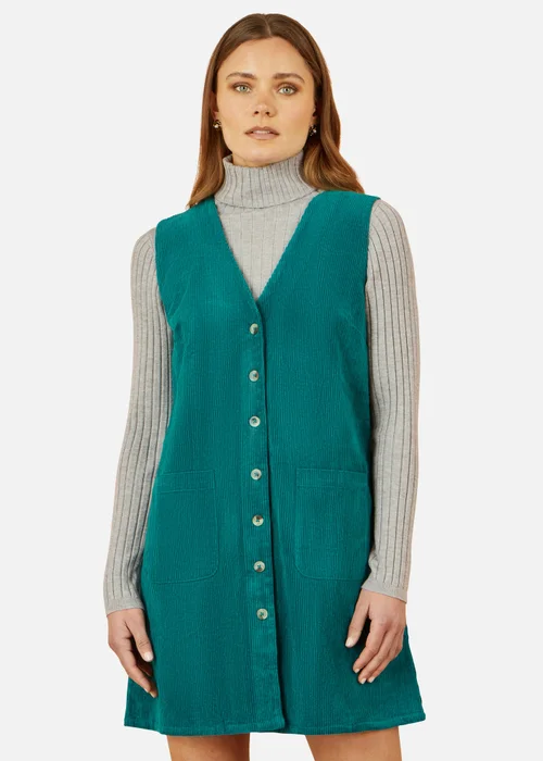 Yumi Teal Cord Button Through Pinafore Dress With Pockets - 10 Image 2