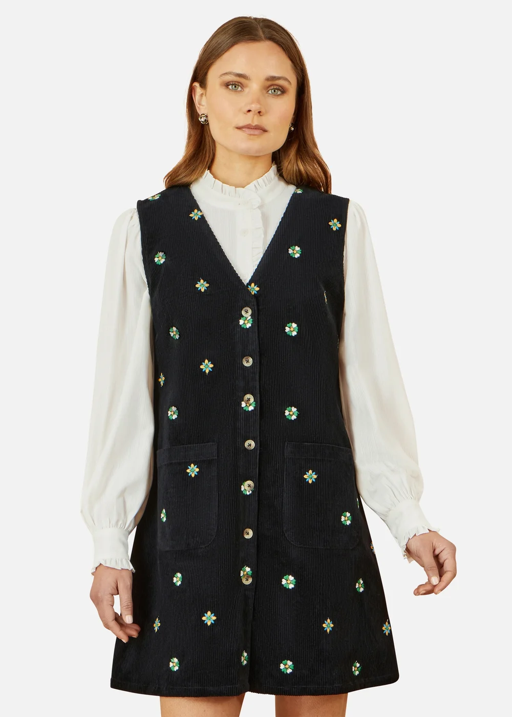Yumi Black Flower Embroidered Button Up Pinafore Dress - 16 Image 2