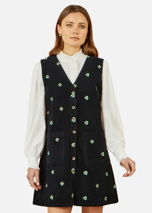 Yumi Black Flower Embroidered Button Up Pinafore Dress - 16 Image 2