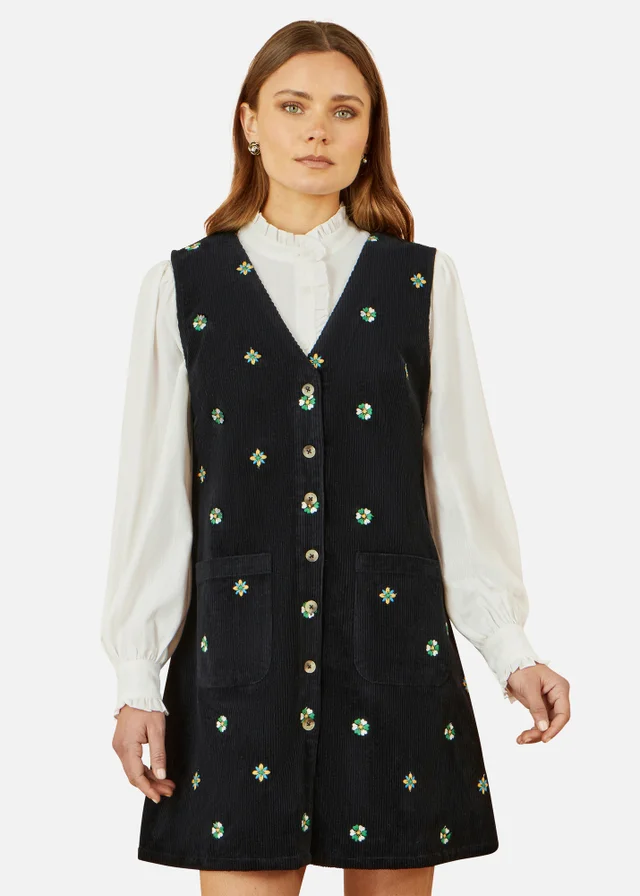 Yumi Black Flower Embroidered Button Up Pinafore Dress