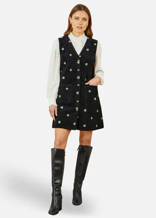 Yumi Black Flower Embroidered Button Up Pinafore Dress - 16 Image 1