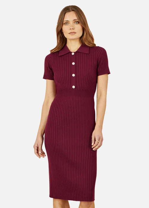Yumi Burgundy Fitted Rib Knitted Midi Dress With Daisy Buttons - M Image 2