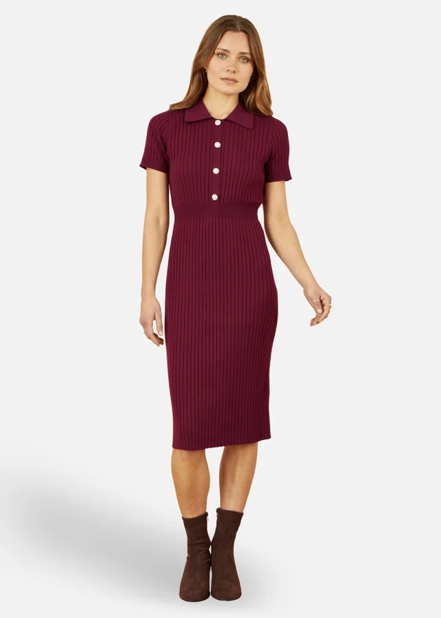 Yumi Burgundy Fitted Rib Knitted Midi Dress With Daisy Buttons