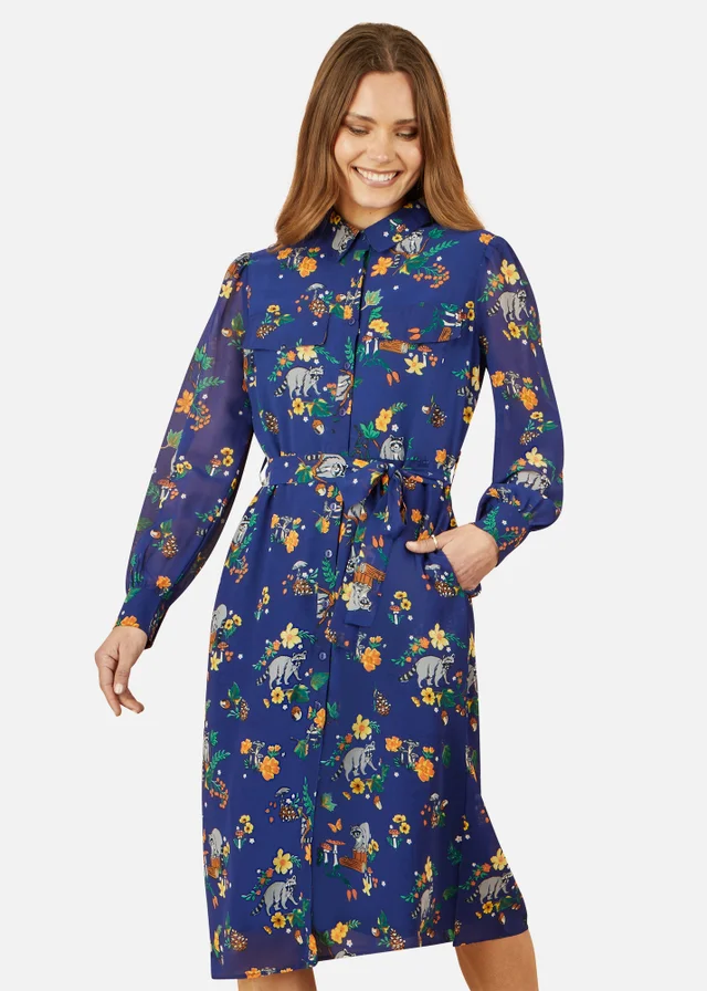 Yumi Navy Recycled Raccoon Print Shirt Midi Dress