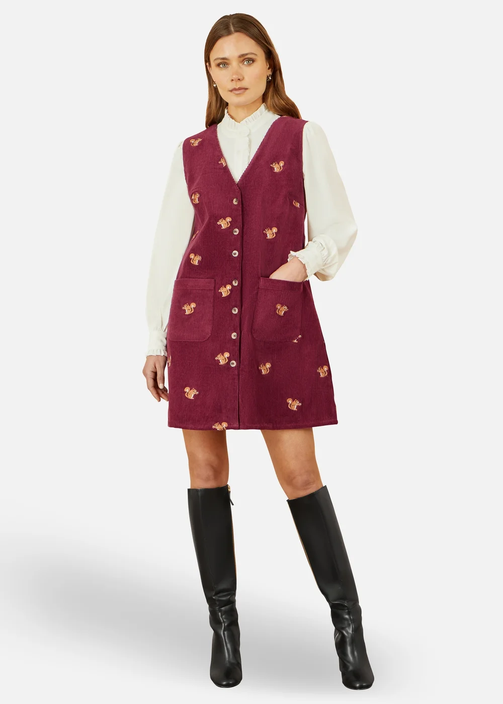 Yumi Burgundy Squirrel Embroidered Button Up Pinafore Dress - 12 Image 1