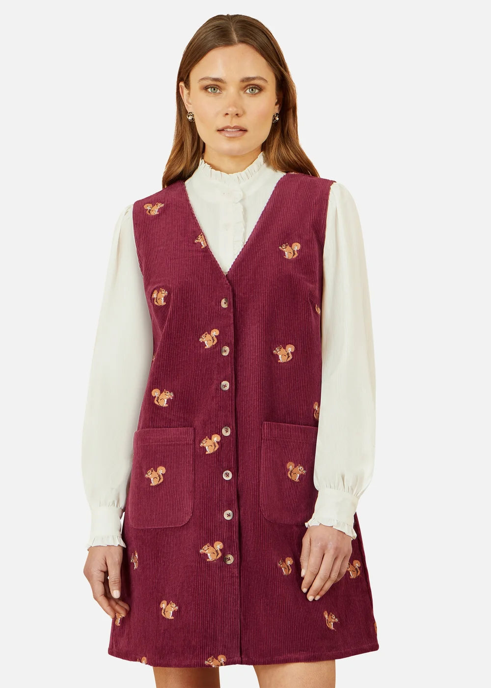 Yumi Burgundy Squirrel Embroidered Button Up Pinafore Dress - 12 Image 2