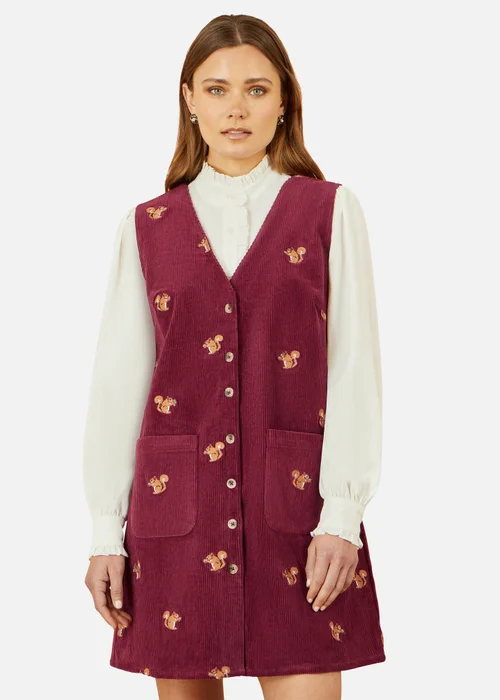 Yumi Burgundy Squirrel Embroidered Button Up Pinafore Dress - 12 Image 2