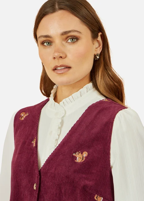 Yumi Burgundy Squirrel Embroidered Button Up Pinafore Dress - 12 Image 3