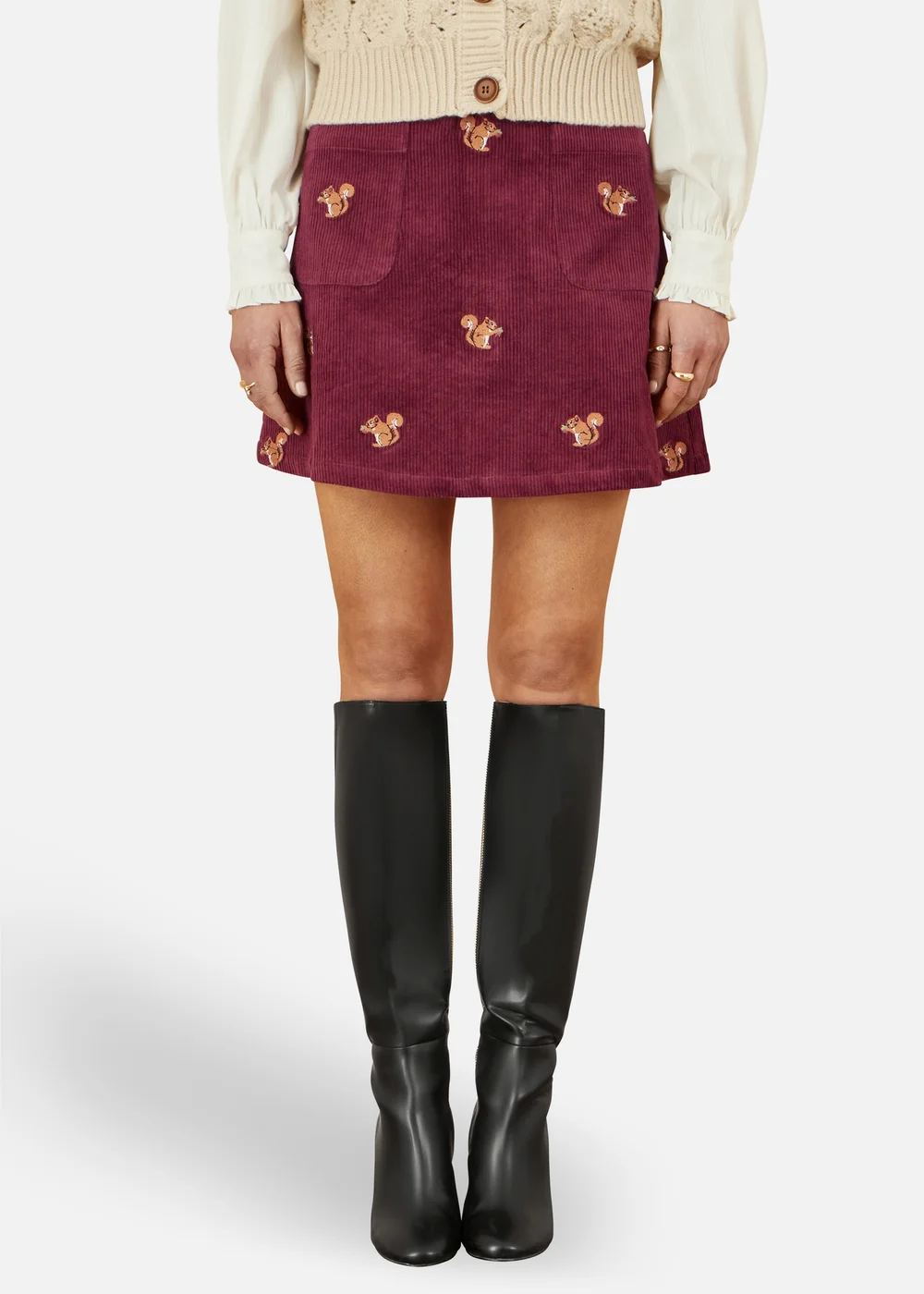 Yumi Burgundy Corduroy Embroidered Squirrel Mini Skirt - Size 16 Clothing Image 2