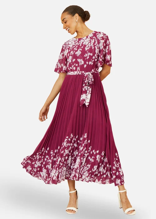 Yumi Burgundy Mirror Floral Design Pleated Midi Dress - 16 Image 1