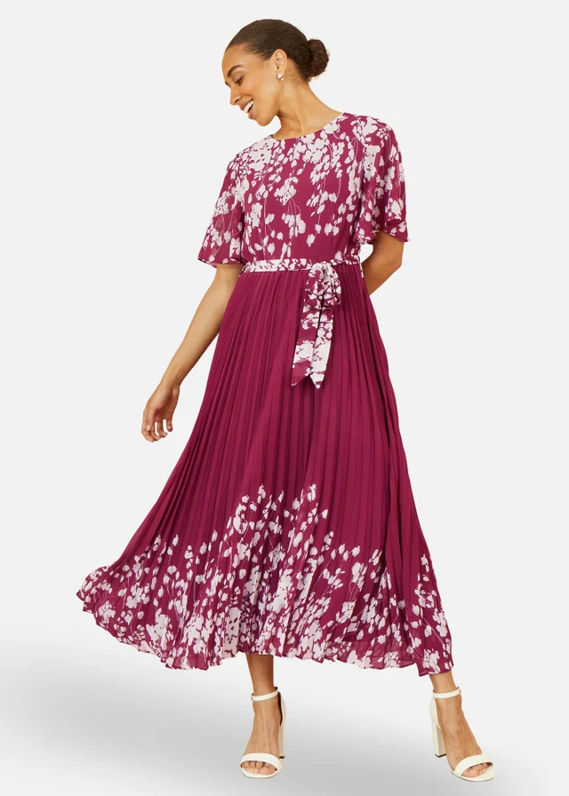 Yumi Burgundy Mirror Floral Design Pleated Midi Dress