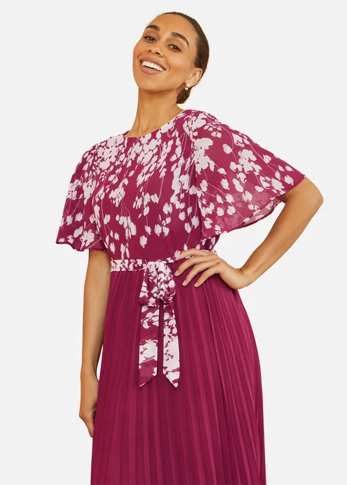 Yumi Burgundy Mirror Floral Design Pleated Midi Dress - 16 Image 2