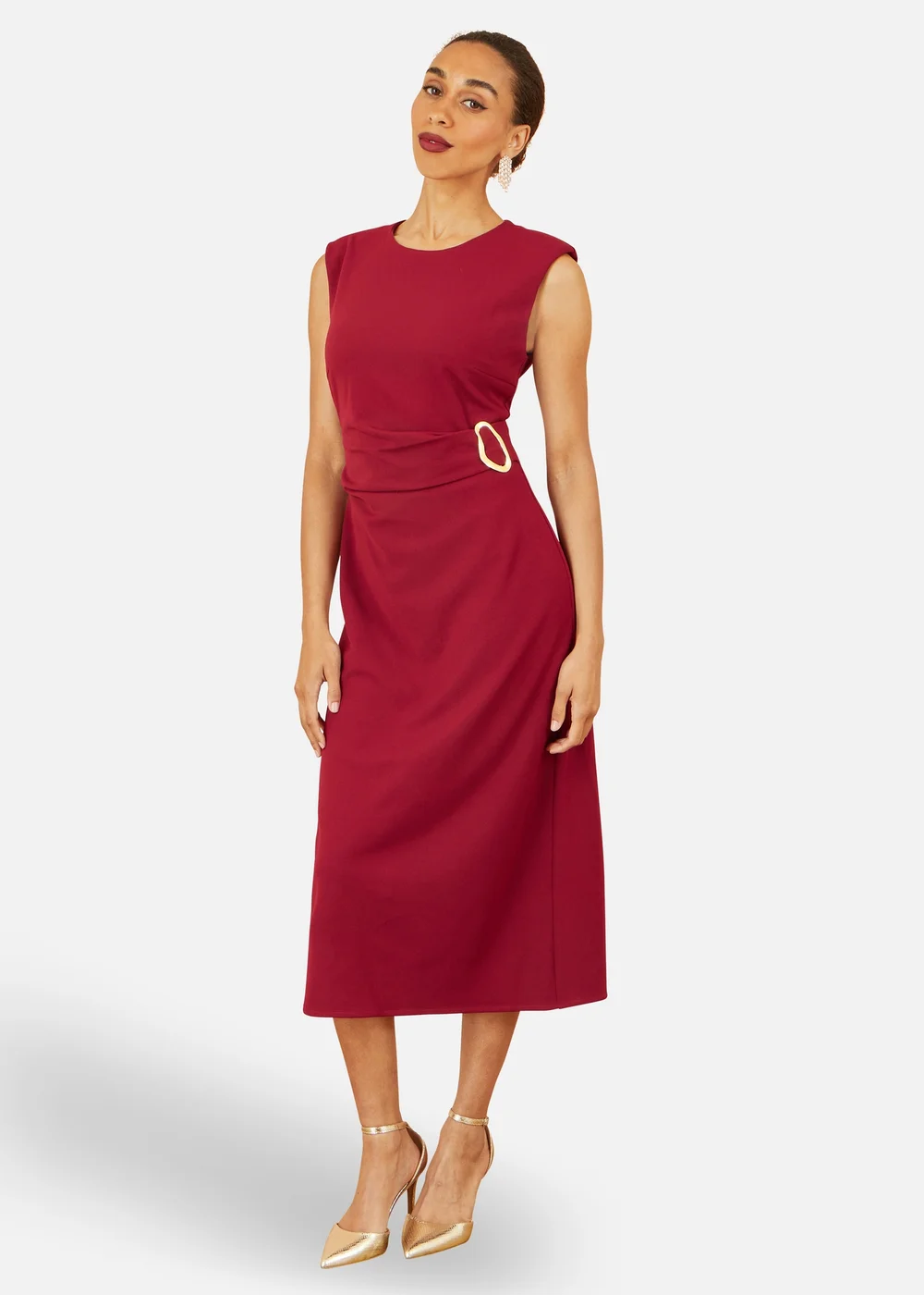 Yumi Burgundy Buckle Detail Ruched Dress - 8 Image 2