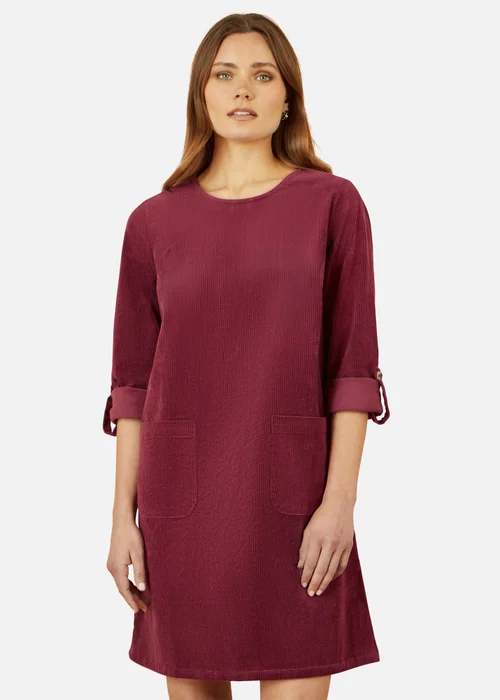 Yumi Burgundy Cord Tunic Dress With 3/4 Sleeves & Pockets - 10 Image 2