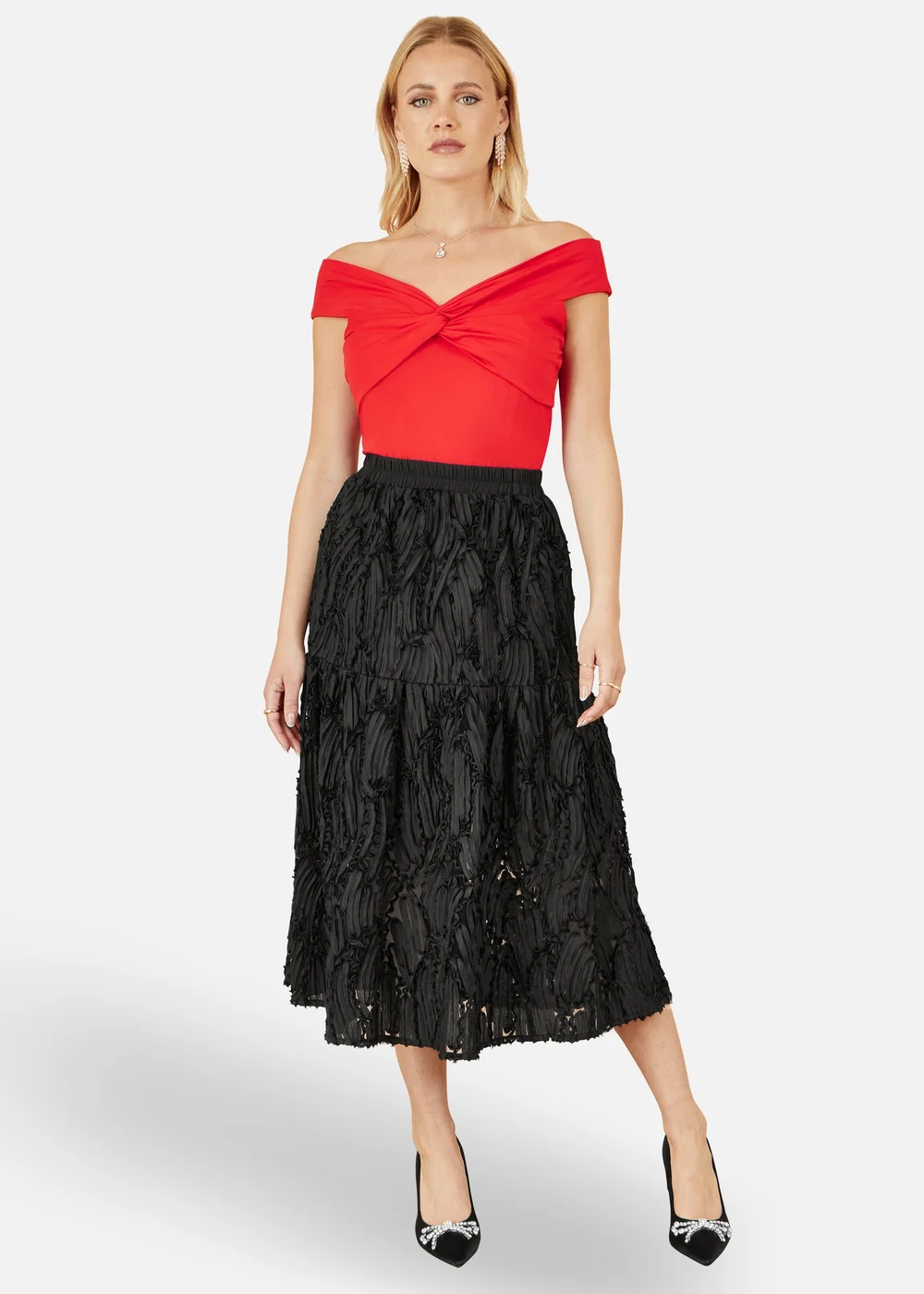 Yumi Red Jersey Cotton Bardot Top With Knot Detail - Size 10 Image 2