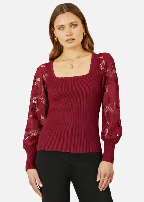 Yumi Burgundy Ribbed Knitted Top With Lace Sleeves - Medium Image 2