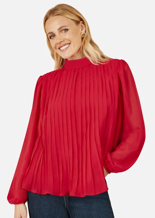 Yumi Red Pleated Long Sleeve Top With High Neck - Size 16 Clothing Image 2