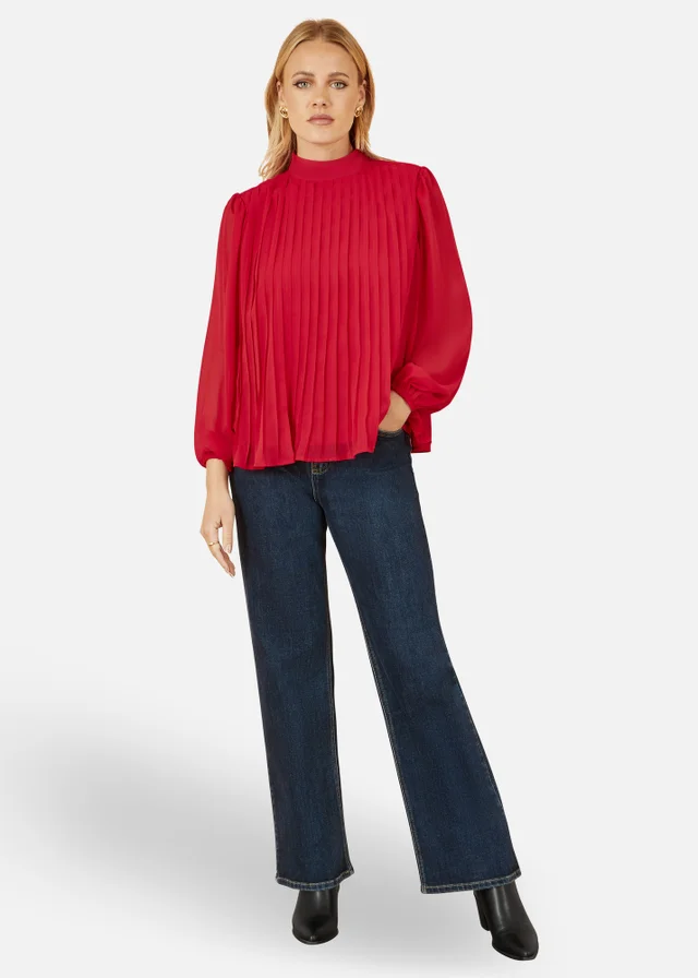 Yumi Red Pleated Long Sleeve Top With High Neck