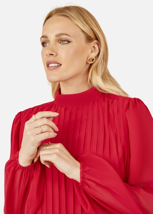 Yumi Red Pleated Long Sleeve Top With High Neck - Size 16 Clothing Image 3