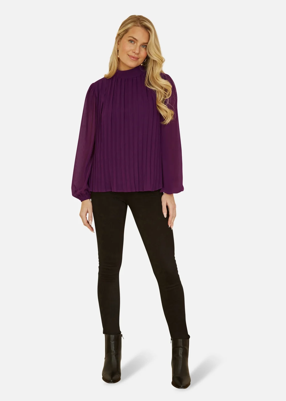 Yumi Pleated Long Sleeve Top With High Neck In Plum - Size 16 Clothing Image 2