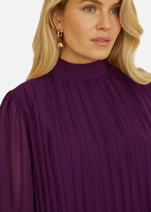 Yumi Pleated Long Sleeve Top With High Neck In Plum - Size 16 Clothing Image 3