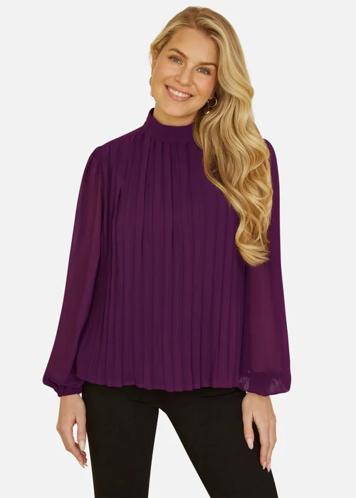 Yumi Pleated Long Sleeve Top With High Neck In Plum - Size 16 Clothing Image 1