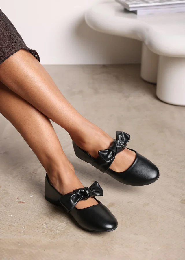 Where's That From Gabriella Bow Strap Ballet Flats in Black