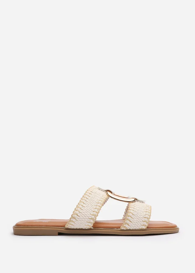 Where's That From Kiara White Woven Sandals With Metallic Ring Detail