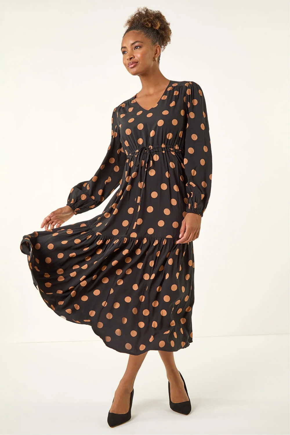 Roman Black Polka Dot Stretch Midi Dress - 18 Image 1