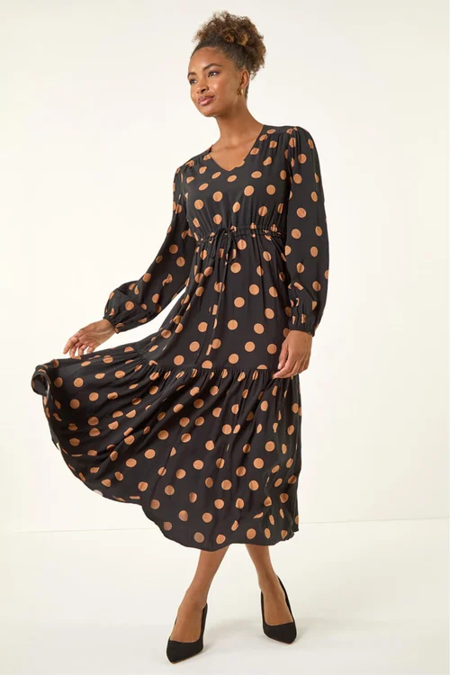 Roman Black Polka Dot Stretch Midi Dress - 18 Image 1