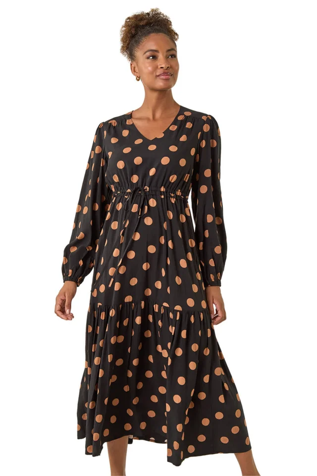 Roman Black Polka Dot Stretch Midi Dress