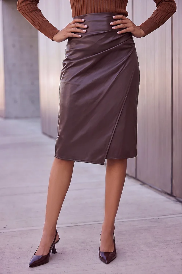 Roman Chocolate Faux Leather Ruched Wrap Skirt
