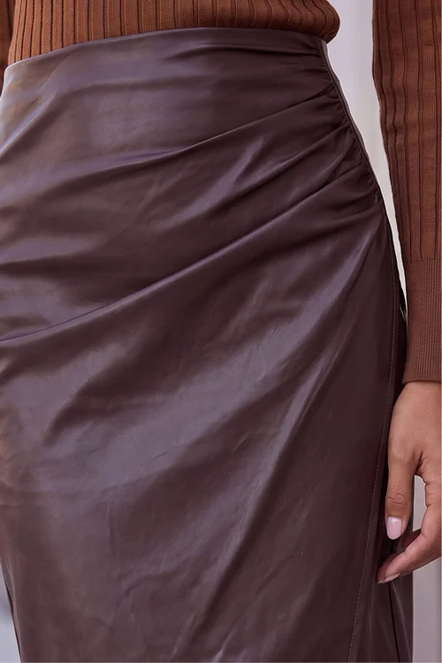 Roman Chocolate Faux Leather Ruched Wrap Skirt - 14 Image 4